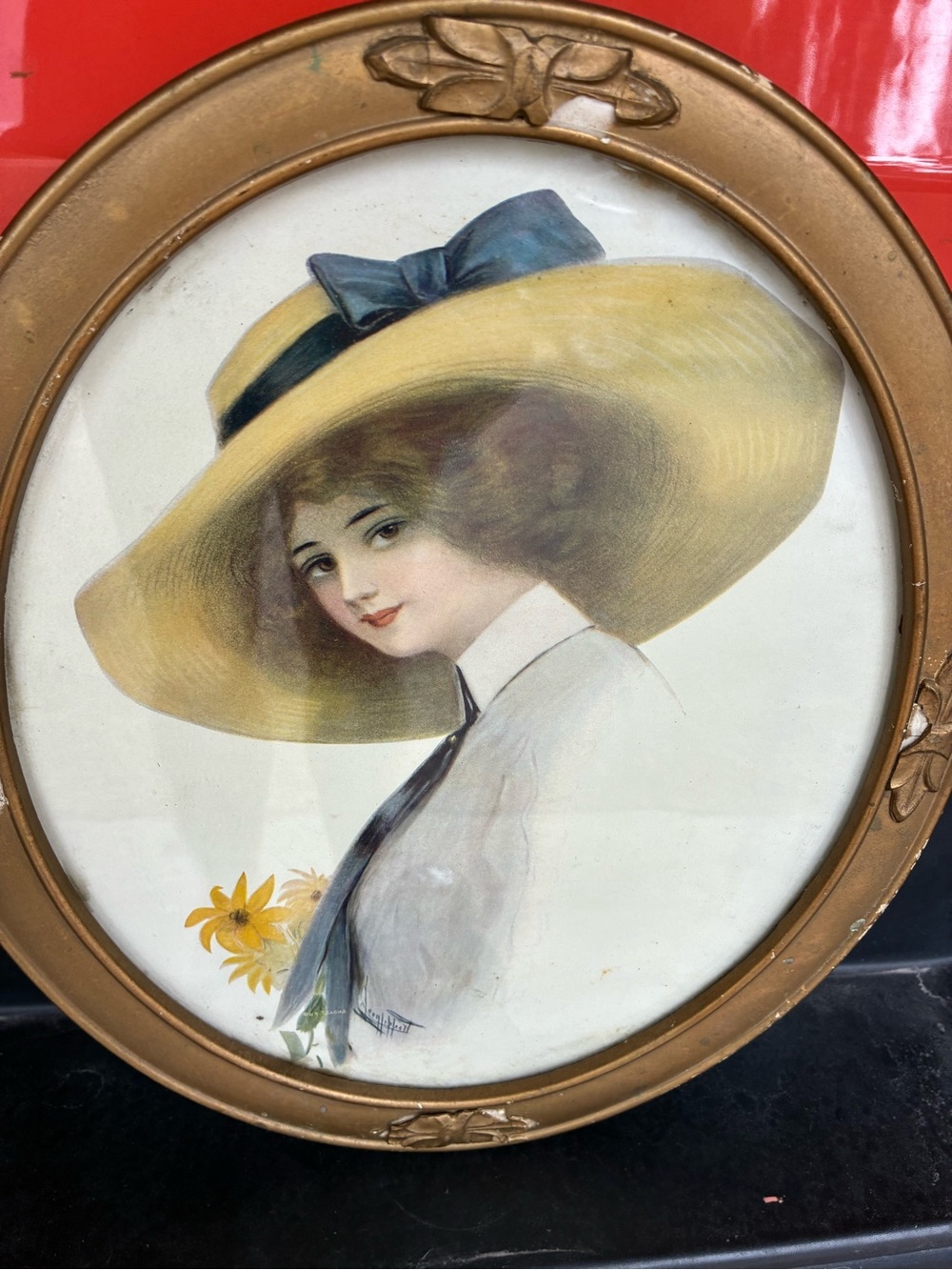 Vintage Portrait of Lady in Wide-Brim Hat - Yellow & Blue